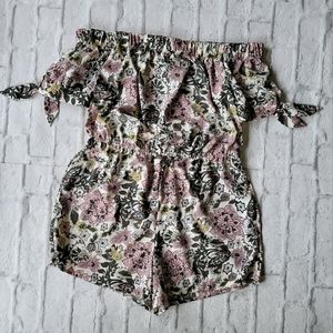 Blush cream pink and green floral romper off-shoulder size large